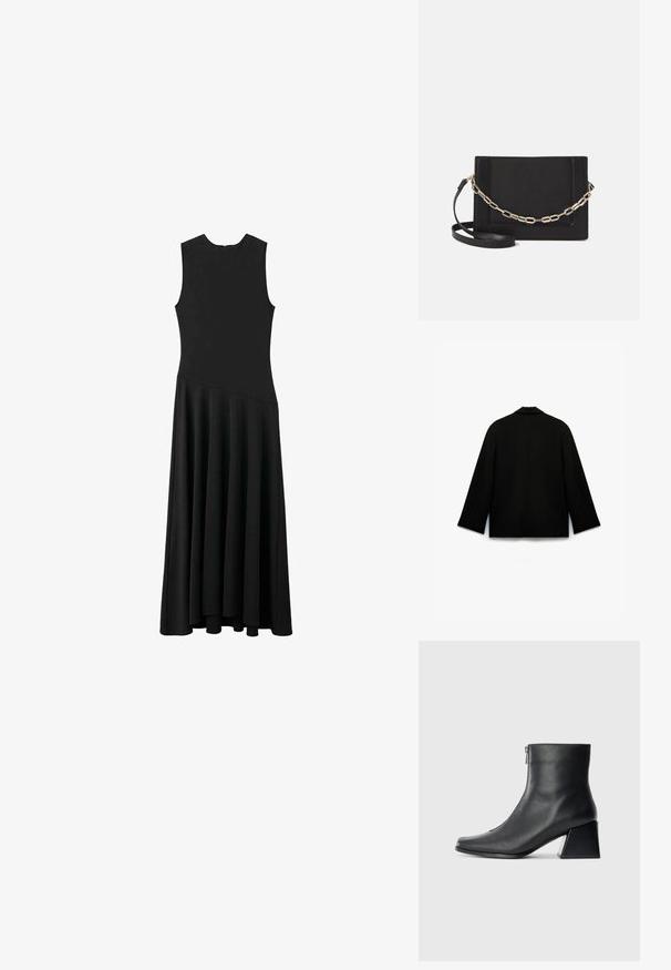 Black jacket with a smooth, matte texture. Features a notched collar, long sleeves, and a straight cut with a clean back design. No visible fastenings.; Black sleeveless maxi dress with a fitted bodice and flared skirt, featuring a smooth texture and minimalistic design, no visible fastenings.; Black leather ankle boot with square toe, side zipper, and block heel against plain light background.; Black leather crossbody bag featuring a smooth texture, rectangular shape, and a metallic chain detail on the front. Adjustable strap included.