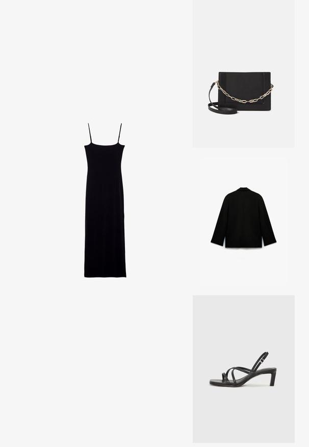 Mustalla takilla on sileä, matta pinta. Siinä on lovettu kaulus, pitkät hihat ja suora leikkaus, jossa on siisti takasuunnittelu. Ei näkyviä kiinnityksiä.; Mustat hihattomat mekko, jossa on suora siluetti, valmistettu pehmeästä kankaasta. Sisältää kapeat spaghetti-hihnat ja lattiaan ulottuvan muotoilun.; Mustat hihnalligat, joissa on neliön muotoinen kärki ja matala lohkokorko. Ominaisuuksiin kuuluu useita ohuita hihnoja ja säädettävä nilkkahihna. Valmistettu sileästä nahasta.; Musta nahkainen olkalaukku, jossa on sileä pinta, suorakulmainen muoto ja metalliketju yksityiskohtana edessä. Mukana säädettävä hihna.