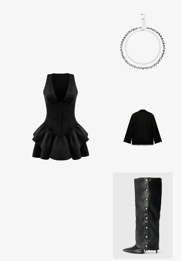 Svart jacka med en jämn, matt yta. Har ett snedskuret krage, långa ärmar och en rak passform med en ren bakdesign. Inga synliga knäppningar.; OW Collection AUGUSTA - Jerseyklänning - black; Svarta läderhögklackade stövlar med en åtsittande design, spetsig tå och silverfärgade tryckknappar längs sidan.; Svart lackläderhandväska med triangulär form, featuring en överstängning med dragkedja och justerbar rem. Logotyp "KARL LAGERFELD JEANS" i silver.; Tvålagershalsband med silverhjärtformade pärlor och vita pärlor. Justerbar kedjelås för säker passform. Slät textur och glänsande yta.