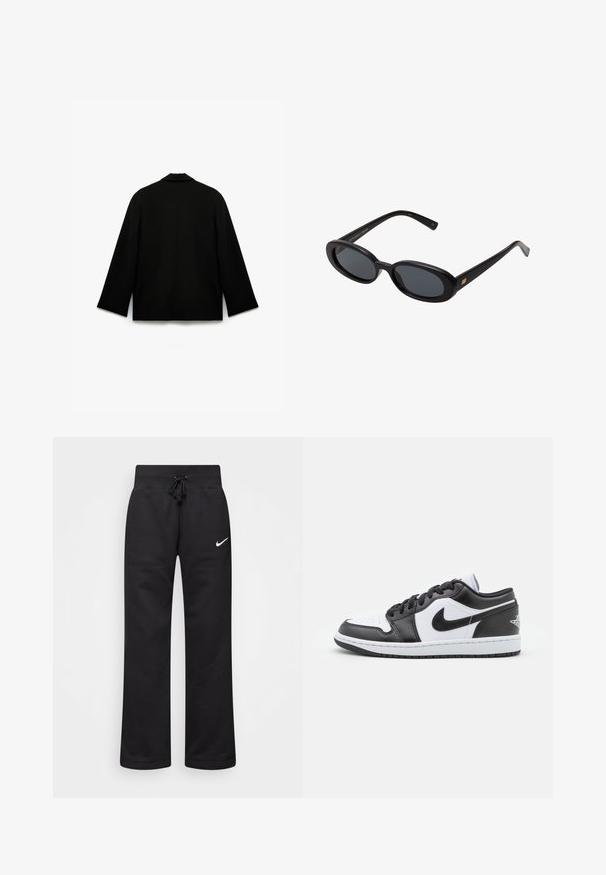 Sort jakke med en glat, mat tekstur. Har en spids krave, lange ærmer og en lige snit med et rent bagsidedesign. Ingen synlige lukninger.; Sort cropped sweatshirt med høje krave, halv lynlås, ribbede manchetter og et lille hvidt Nike-logo på venstre bryst. Blød stoftekstur.; Sorte sweatpants lavet af en bomuldsblanding, med en snøre i taljen, lige ben og et hvidt Nike-logo på venstre side.; Sorte og hvide Nike lavtoppede sneakers har en glat læderoverdel, rund tå, snørelukning og en mønstret gummisål.; Store store