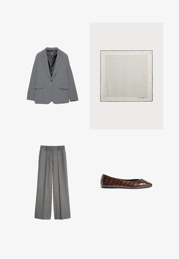 Grijze blazer met een notch-revers, enkele knoopsluiting, twee voorkruiszakken en een soepel binnenvoering. Tailored ontwerp met een gestructureerde vorm.; Crème-kleurige kabelgebreide trui met lange mouwen en ronde hals, voorzien van een klein geborduurd logo op de linkerborst.; Grijze wollen wijdvallende pantalon met riemlussen en geplooide voorkant, ontworpen voor een ontspannen, tailor-made pasvorm.; Bruine gepatineerde leren balletschoen met een krokodillenpatroon en een decoratieve strikaccent op de toon. Gladde textuur en puntige vorm.; Zijden sjaal in crème met een marineblauwe rand, voorzien van gelijkmatig verdeeld marineblauwe stippen die een patroon vormen. Handtekening gedrukt in de hoek.