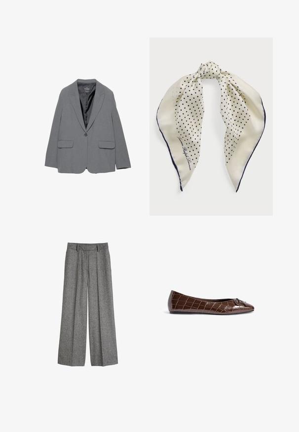 Gray blazer with a notched lapel, single button closure, two front pockets, and a smooth inner lining. Tailored design with a structured shape.; Cream-colored cable-knit sweater with long sleeves and crew neck featuring small embroidered logo on the left chest.; Grey woolen wide-leg trousers with belt loops and front pleats, designed for a relaxed, tailored fit.; Brown patent leather ballet flat with a crocodile pattern and a decorative bow accent on the toe. Smooth texture and pointed shape.; Silk scarf featuring a cream background with navy polka dots, tied at the center; navy border; includes text "Lauren Ralph Lauren."