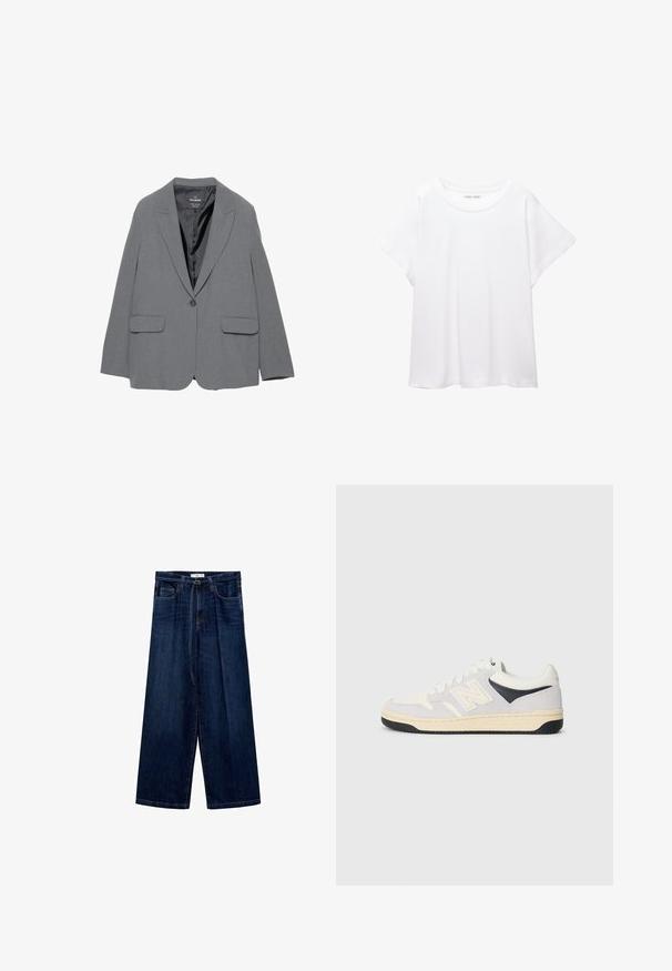 Sacou gri cu rever clasic, închidere cu un singur nasture, două buzunare frontale și o căptușeală netedă. Design tăiat cu o siluetă structurată.; Tricou alb dintr-un material moale și ușor. Prezintă un decolteu rotund și mâneci scurte, largi, cu un croi lejer. Fără modele vizibile.; Jeans cu picioare largi, de culoare albastru închis, cu talie înaltă, buzunare vizibile și fermoar. Țesătura are o textură netedă și o ușoară strălucire.; Tenis sportivi în alb, gri și negru. Prezintă materiale din suede și textil, vârf perforat și logo pe lateral. Talpă din cauciuc.