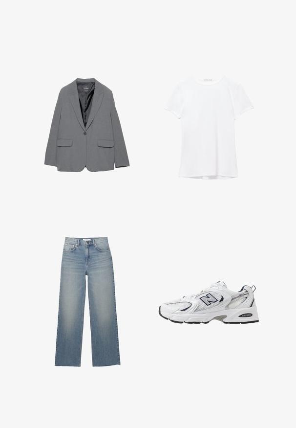 Gray blazer with a notched lapel, single button closure, two front pockets, and a smooth inner lining. Tailored design with a structured shape.; White short-sleeve t-shirt made from smooth fabric, featuring a round neckline and subtle stitching details at the hem.; Light blue wide-leg jeans made of denim, featuring a high waist, front pockets, and a button closure. Smooth texture with faded areas.; White athletic shoe with mesh upper, navy accents, and cushioned sole. Features "N" logo, laces, and textured detail on side.