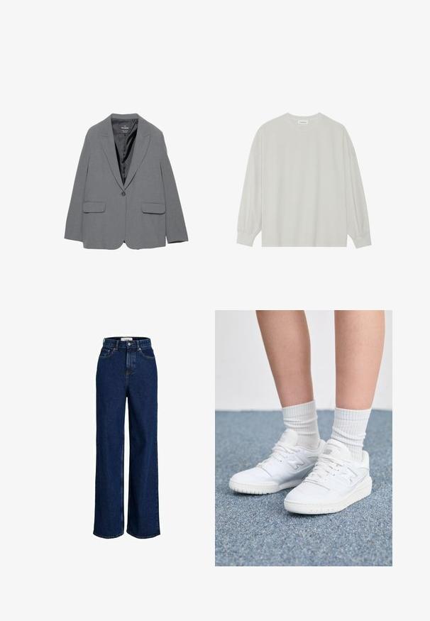Blazer grigio con rever a punta, chiusura a un bottone, due tasche frontali e foderato liscio. Design sartoriale con una forma strutturata.; T-shirt a maniche lunghe grigio chiaro realizzato in cotone morbido. Presenta una vestibilità ampia, scollatura rotonda e polsini delicatamente arricciati. Nessun motivo o grafica.; Jeans in denim scuro a vita alta, con gamba ampia, bottone frontale e design a cinque tasche.; Sneaker atletiche bianche con parte superiore in pelle liscia, accenti testurizzati e suola in gomma. Abbinate a calze bianche a coste.