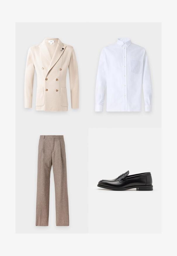 Beigā divrindas žakete ar teksturētu audumu, kurai ir divi priekšējie kabatas un apaļi pogas. Ietver melnu ziedu spraudni uz apkakles.; Balts garo piedurknēm krekliņš ar pogām, izgatavots no kokvilnas, ar krūšu kabatu ar tonālu izšuvumu, apkakli un pogām pie piedurknēm.; Brūni, augstos šortos izgatavoti no teksturēta auduma. Iezīmē plašas kājas un divas priekšējās krokas, kas nodrošina struktūru. Kārtīga apdare bez redzamām detaļām.; Melnas ādas kurpes ar gludu tekstūru, noapaļu purngalu un dekoratīvu siksniņu pāri priekšpusei. Zems sakrauts papēdis, minimālisma dizains.