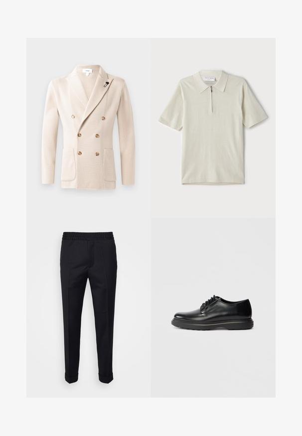 Beige dubbelzijdige blazer van gestructureerde stof, met twee voorzakken en ronde knopen. Inclusief een zwart bloemenpin op de kraag.; Korte mouwen polo in lichtbeige met een ritskraag. Gemaakt van gladde stof, voorzien van een eenvoudig, modern ontwerp zonder patronen.; Zwarte broek van lichtgewicht stof, met een elastische tailleband, zijzakken en opgerolde mouwen. Soepele textuur met voorplooien.; Zwarte leren veterschoen in Oxford-stijl met een dikke zool en "WATERMAN" in reliëf op de zijkant, getoond in profiel op een lichtgrijze achtergrond.