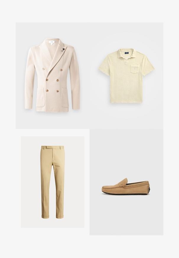 Blazer beige doppiopetto in tessuto texturizzato, con due tasche frontali e bottoni rotondi. Comprende una spilla floreale nera sul colletto.; Polo a maniche corte in beige chiaro, realizzato in cotone morbido, con colletto e taschino sul davanti. Tessuto strutturato con una vestibilità rilassata.; Chino kaki realizzati in morbido cotone, con un design aderente, pinces frontali e orli alla caviglia per un look affusolato.; Mocassino in suede beige con punta cucita, design slip-on e suola in gomma nera. Presenta un marchio discreto sul lato.