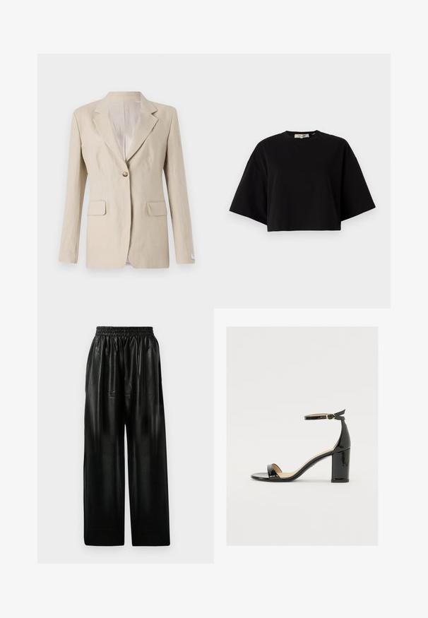 Blazer de linho bege com fechamento de um único botão, lapelas com corte em bico, dois bolsos frontais e um forro interior suave. Design com ajuste ajustado.; T-shirt cropped preto feito de algodão, com decote redondo e mangas curtas e largas para um ajuste solto. Textura suave, design simples.; Calças largas de couro preto com cintura elástica, apresentando dois bolsos laterais e uma textura suave e brilhante.; Sandal de pele sintética preta com salto largo, ponta aberta e tira no tornozelo com fivela dourada. Textura suave e design elegante.