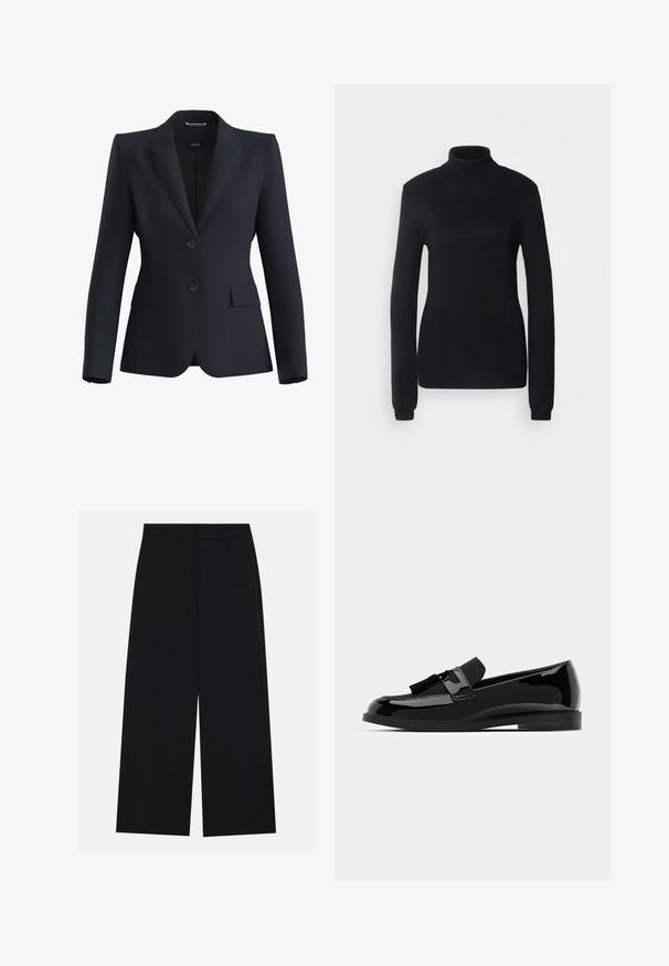 Jūras flotes bleizeris no gludas auduma, ar izgrieztu atloku, divām pogām un divām priekšējām kabatām, pieguloša piegriezuma.; Melns augsta kakla džemperis, izgatavots no mīksta adīta auduma, ar garām piedurknēm un pieguļošu siluetu, kuram ir ribota apkakle un apakšmalā.; Platām kājām melni bikses, izgatavotas no gludas auduma. Ar plakanu jostasvietu un jostu cilpiņām, bez redzamām kabatām. Vienkāršs dizains.; Melnas patentētas ādas loafers ar platu papēdi, papildināti ar pušķi un gludu virsmu, izstrādāti ar noapaļotu purngalu un smalku dūrienu.
