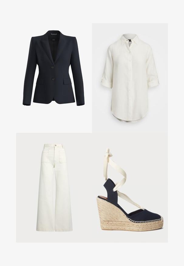 Námořnický blejzr z hladké látky, s klopovým límcem, dvěma knoflíky a dvěma předními kapsami, střih na míru.; Bílá lněná košile s designem na zapínání na knoflíky, krátkými ohrnutými rukávy, límečkem a zakulaceným spodním lemem. Obsahuje knoflíky v světlejší barvě.; Džíny s širokými nohavicemi v off-white denim. Vysoký pas s knoflíkovým zapínáním, dvě přední kapsy a detaily kontrastního šití.; Námořnické plátěné klínové sandály s espadrilkovou podešví z provazu a krémovými stužkami kolem kotníku. Uzavřená pata a kulatá špička.