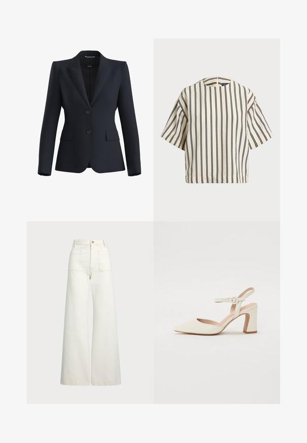 Jūras flotes bleizeris no gludas auduma, ar izgrieztu atloku, divām pogām un divām priekšējām kabatām, pieguloša piegriezuma.; Kreklus, svītrainā blūze ar īsām piedurknēm, krēmkrāsā un tumši zilā tonī, ar apaļu apkakli un kvadrātveida dizainu, izgatavota no teksturētas auduma.; Platās kājas džinsi off-white denima. Augsta jostasvieta ar pogu aizdari, divas priekšējās kabatas un kontrastējošas šuvju detaļas.; Punktēta purngala krēmkrāsas kurpe ar blokveida papēdi. Iezīmē plānu potītes siksniņu ar apaļu sprādzi un gludu ādas faktūru.