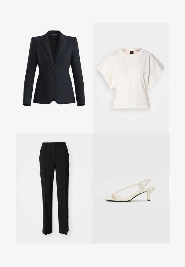Granatowa marynarka z gładkiego materiału, z klapą z wycięciem, dwoma guzikami oraz dwoma przednimi kieszeniami o dopasowanym kroju.; Biała, krótka koszulka z szerokimi rękawami, wykonana z miękkiej bawełny, okrągły dekolt z delikatnym pomarańczowym wykończeniem, minimalistyczny design, bez wzorów i grafik.; Czarne spodnie o dopasowanym kroju z prostymi nogawkami, o gładkiej fakturze i wyraźnych zagięciach z przodu. Bez widocznych elementów metalowych.; Beżowe sandały na blokowym obcasie z cienkimi ramiączkami i kwadratowym noskiem. Gładki materiał z minimalną ilością detali, zaprojektowane z myślą o łatwym zakładaniu.