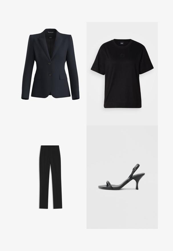 Laivastonsininen bleiseri, joka on valmistettu sileästä kankaasta. Siinä on notkokaulus, kaksi nappia ja kaksi etutaskua, ja se on istuvaa mallia.; Musta puuvillapaita, jossa on pyöreä kaula-aukko, lyhyet hihat ja brodeerattu logo rinnassa. Yksinkertainen, rento istuvuus ilman kuvioita.; Mustat räätälöidyt housut suoran lahkeen designilla, joissa on etutaskut ja sileä, teksturoitu kangas. Siistit, minimalistiset yksityiskohdat.; Mustat nahkaiset korkokengät, joissa on hoikka, kaareva korko ja ristiin menevä hihnadesign. Säädettävä nilkkahihna. Silkkinen pinta.