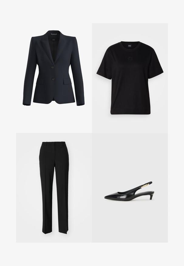 Navy blazer made of smooth fabric, featuring a notched lapel, two buttons, and two front pockets with a tailored fit.; Black cotton t-shirt with a crew neckline, short sleeves, and an embroidered logo on the chest. Simple, relaxed fit with no patterns.; Black tailored trousers with a straight-leg design, featuring a smooth texture and crisp creases along the front. No visible hardware.; Black leather slingback heels with a pointed toe, featuring a slim heel and a gold-tone accent on the adjustable strap. Smooth texture.