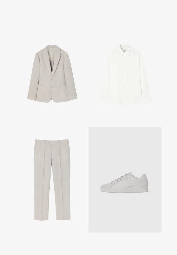 Világos bézs vászonzakó, amelynek szabott gallérja, két elülső zsebe, dupla gombos záródása és négy gomb található az ujjakon.; Fehér, hosszú ujjú ing sima anyagból, gombos elejű, klasszikus gallérral és egyenes, kerekített oldalú hemmel.; Világosbézs vászon nadrág egyenes szárral, finom textúrával, két első zsebbel és egy gombos záródással a deréknál.; Világosszürke bőr sportcipő sima felülettel, lekerekített orral, lapos gumitalppal és egyszínű fűzőkkel. Jellemzője a minimális arany színű logó.