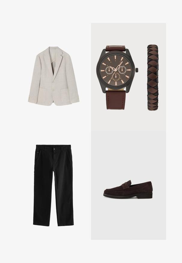 Blazer din in bej deschis, cu rever cu decupaj, două buzunare frontale, închidere cu două nasturi și accente cu patru nasturi pe mâneci.; Două cămăși cu mânecă lungă: una dintr-un material alb, cealaltă dintr-un material bej cu dungi verticale subțiri. Ambele au guler și manșete cu nasturi.; Pantaloni negri din bumbac cu design drept, dotati cu inchidere cu nasture frontal, buzunare laterale înclinate și detalii subtile de cusătură.; Mocasini din suede maro cu un profil scăzut și vârf rotunjit. Prezintă o curea decorative pe partea superioară, talpă din cauciuc plat și fără cusături vizibile.; Pier One SET - Ceas de mână - black/brown; Colier din perle albe, cu o formă uniformă și rotundă, suprafață netedă și clapetă metalică cu un lanț de extensie pentru lungime ajustabilă.