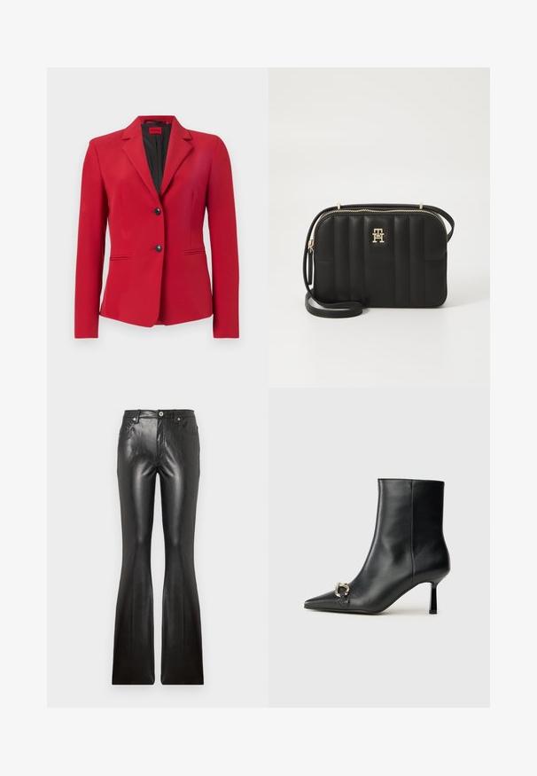 Rød blazer med en struktureret design, enkeltrække med to knapper, spidse klapper og sidelommer; glat tekstur og slank silhuet.; Hvid bomulds t-shirt med korte ærmer, rund halsudskæring og et blåt rektangulært logo-patch med teksten "HUGO" midt foran.; Sorte læder flare-bukser med en glat tekstur, fem lommer, frontknaplukning og en tætsiddende silhuet omkring lårene.; Sort læder ankelstøvle med spidse tæer, slank hæl i mellemhøjde og sølvspænde detaljer på siden mod en ensfarvet baggrund.; Sort quiltet crossbody taske lavet af syntetisk materiale med hardware i guldtoner, med lynlås lukning og logo detalje på forsiden.