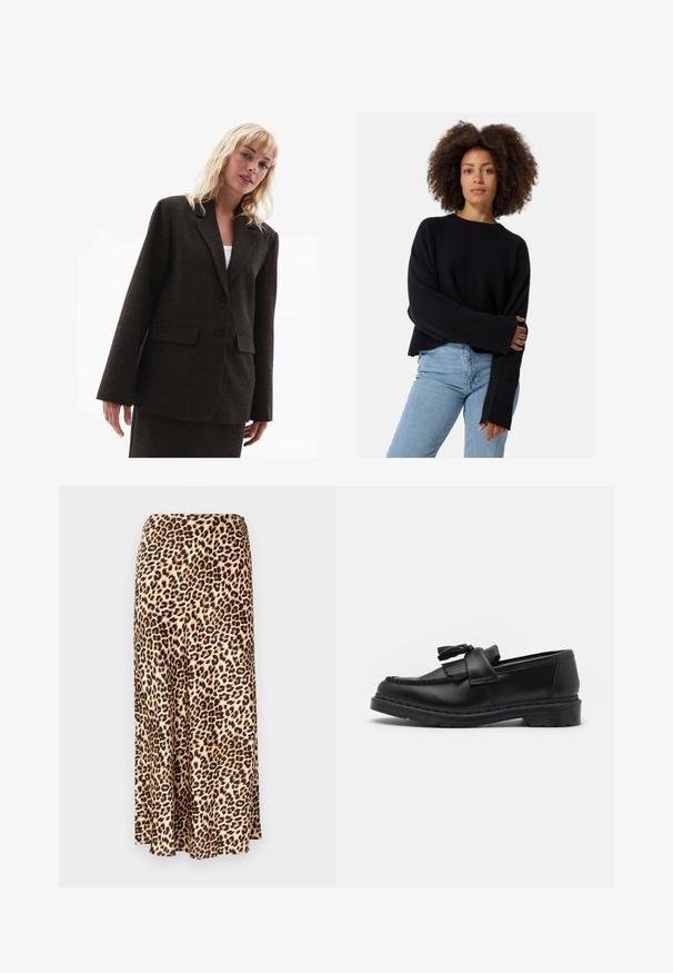 Brauner strukturierter Blazer mit Reverskragen, zwei vorderen Taschen und zwei Knöpfen. Lockere Passform mit leicht übergroßen Ärmeln.; Schwarzer Strickpullover mit strukturiertem Stoff, lockerer Passform und weiten Ärmeln, kombiniert mit hellblauen Jeans.; Langer Rock mit Leopardenmuster aus glattem Material. Beige Grundfarbe mit schwarzen und braunen Flecken. Ausgestellte Form mit geradem Saum.; Schwarze Lederloafer mit einer Quastenverzierung, gestickten Details entlang der Kante und einer dicken Gummisohle für Langlebigkeit.