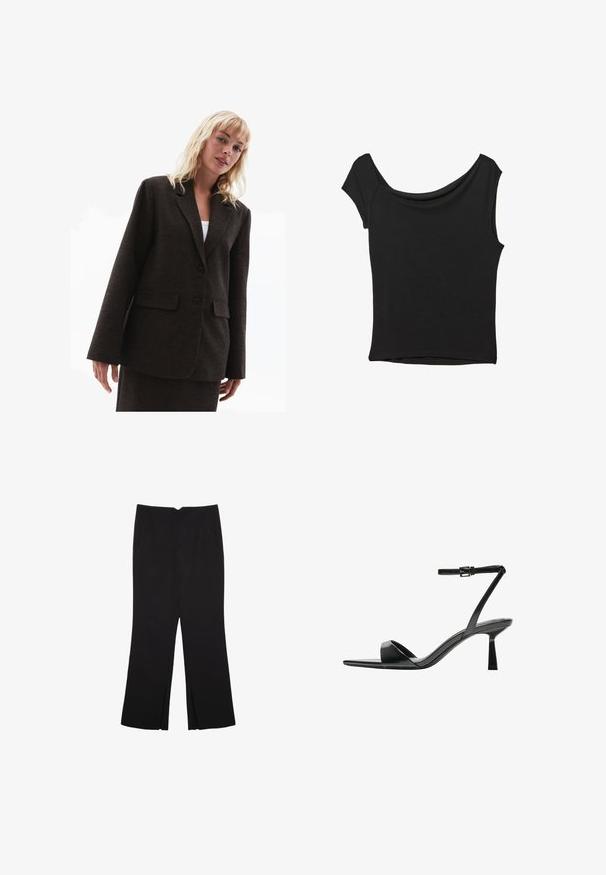 Brązowa blazer o fakturze z klapkami, dwiema przednimi kieszeniami i dwoma guzikami. Luźny krój z lekko oversize'owymi rękawami.; Czarna bluzka z krótkim rękawem, wykonana z gładkiego materiału; posiada dekolt w stylu drapowanym oraz asymetryczny dół, z dopasowanym krojem.; Czarne spodnie o prostym kroju, z przednimi kieszeniami i bocznymi rozcięciami na dole. Wykonane z miękkiego, gładkiego materiału. Odpowiednie na różne okazje.; Bershka - Sandały na obcasie