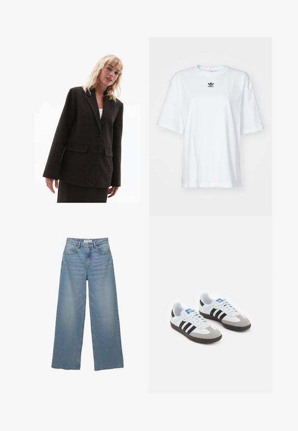 Blazer marron texturé avec des revers notch, deux poches avant et deux boutons. Coupe décontractée avec des manches légèrement oversized.; T-shirt blanc à manches courtes en coton. Avec un col rond et un petit logo Adidas noir sur la poitrine. Ourlet droit.; Jeans en denim bleu clair à jambes larges. Présente une taille haute, cinq poches et une coupe droite avec un léger délavage.; Baskets avec une tige en cuir blanc, un bout en daim gris et trois bandes noires. Présente un logo bleu sur la languette et une semelle en caoutchouc texturée.