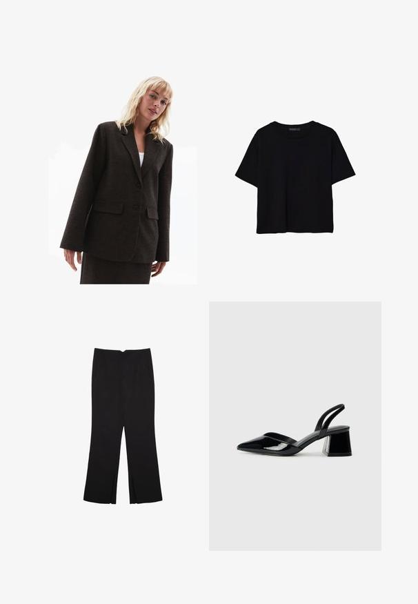 Brun tekstureret blazer med klapkrave, to forlommer og to knapper. Løs pasform med let oversized ærmer.; Sort kortærmet T-shirt lavet af bomuld. Har rund hals og en løs pasform med en glat, ensfarvet tekstur. Ingen synlige mønstre eller detaljer.; Sorte bukser med lige pasform, der har frontlommer og slidser i kanten. Lavet af blødt, glat stof. Velegnet til forskellige anledninger.; Sorte patentlæder slingback hæle med spids tå og en geometrisk blok hæl. Har et elegant, minimalistisk design og en glat tekstur.
