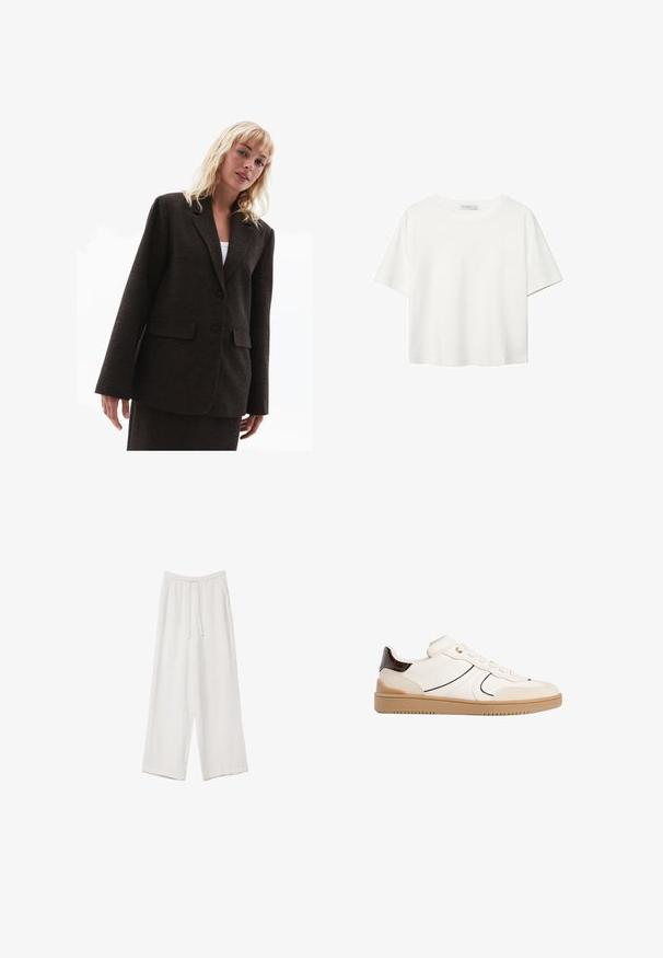 Brun tekstureret blazer med klapkrave, to forlommer og to knapper. Løs pasform med let oversized ærmer.; Hvid kortærmet t-shirt lavet af bomuld. Har en rund halsudskæring og en afslappet pasform. Glat tekstur uden synlige mønstre eller detaljer.; Hvide bukser med bred benlængde lavet af et letvægtsstof. Har et elastisk talje med snor og sidelommer. Glat tekstur.; Stradivarius Sneakers - white