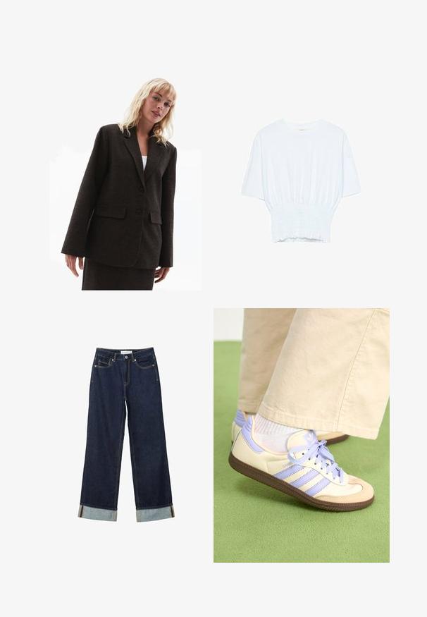 Brun kavaj med textur, med slagkrage, två framfickor och två knappar. Lös passform med något oversized ärmar.; Vit kortärmad t-shirt med avslappnad passform och smockad textur vid midjan. Tillverkad av mjukt, lätt material.; Mörkblå vida jeans med hög midja, utrustade med uppvikta fållar, kontrasterande sömmar och femficksdesign. Tillverkade av denimtyg.; Krämfärgade och lavendelfärgade sneakers med tre ränder och en texturerad brun sula, med snören och en vadderad häl. Mjuk tygobero.