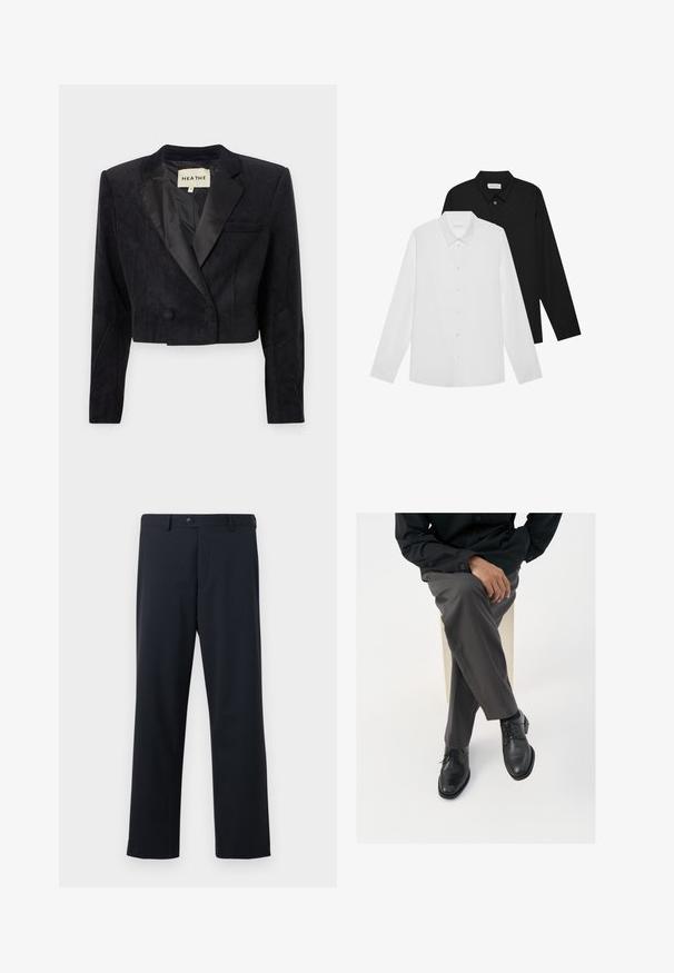 Afgeknot zwarte blazer van textiel met satijnen revers en dubbele knoopsluiting. Heeft een enkele borstzak aan de linkerkant.; Witte en zwarte langemouwen shirts met puntige kraag, knopen aan de voorkant en een gladde stoftextuur. Labels zichtbaar aan de binnenkant van de hals.; Marineblauwe broek met een recht model, voorzien van een sluiting met een knoop en rits aan de voorkant, gemaakt van gladde stof met een subtiele textuur.; Zwarte leren veterschoenen met een gepolijste afwerking, gecombineerd met grijze op maat gemaakte pantalon, gepresenteerd in zittende houding tegen een witte achtergrond.