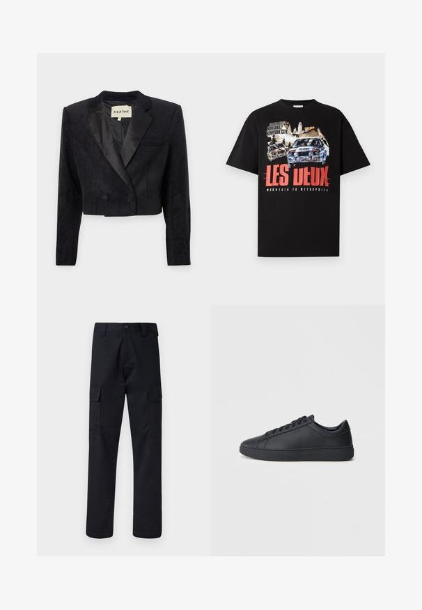 Cropped black blazer made of textured fabric with satin lapels and double-button closure. Features a single breast pocket on the left side.; Black cotton T-shirt featuring a graphic print of cars and mountains with "LES DEUX" in bold red text and white lettering, relaxed fit.; Black cargo pants made of sturdy fabric, featuring a straight-leg cut, two side pockets, and a button closure at the waistband.; Black sneakers made of smooth leather with a low-top design, round toe, and flat rubber sole. Features laces and subtle branding.