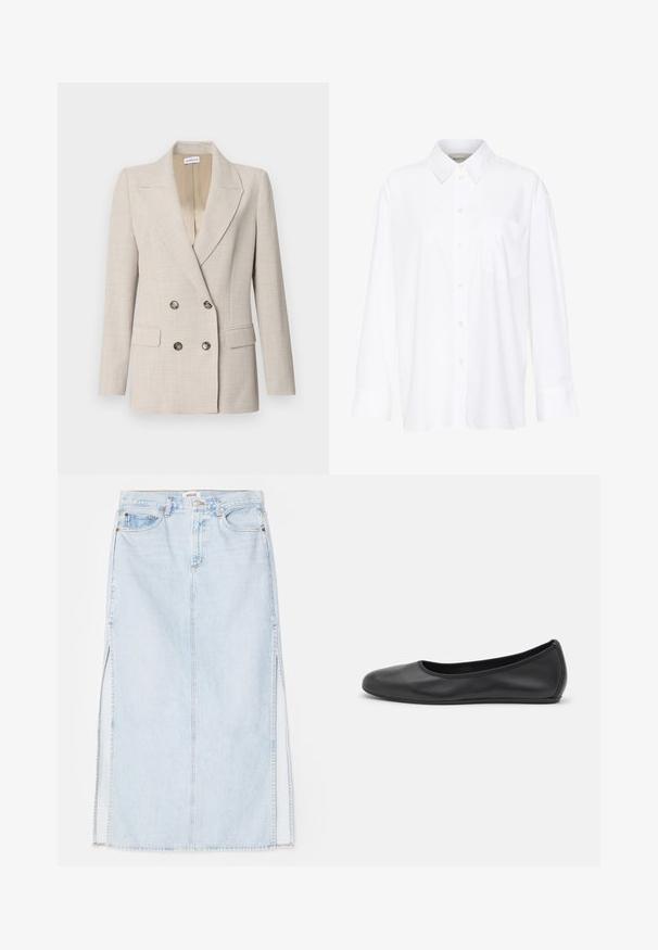 Beige dobbeltradet blazer med krage, to frontlommer og sølvfargede knapper. Teksturert stoff med et subtilt mønster.; Hvit langermet skjorte med krage laget av bomull. Den har en knappestolpe foran og en enkelt brystlomme. Glatt tekstur og avslappet passform.; Lys blå denim maxi skjørt med rett snitt, med sidespalter og fem-lommers design. Fremtredende søm og metallknapplukking.; Svart skinnballettflatt med rund tå, glatt tekstur, minimal sømdetalj, og et fleksibelt såledesign.