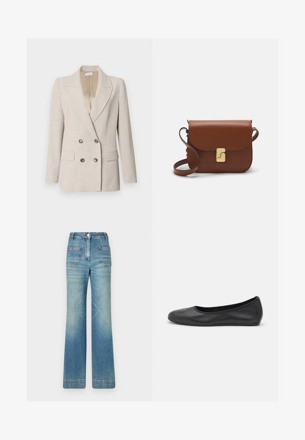 Beżowa dwurzędowa marynarka z klapami, dwoma przednimi kieszeniami i guzikami w odcieniu srebra. Teksturowany materiał z subtelnym wzorem.; Biała koszulka krótki rękaw wykonana z materiału prążkowanego. Okrągły dekolt, regularny krój i subtelne detale szwów. Bez wzorów ani grafik.; Jasnoniebieskie dżinsy w kształcie dzwonów z pięcioma kieszeniami, szlufkami na pasek, zapięciem na guzik i lekko wyblakłą teksturą, z czerwonym logotypem na tyle.; Czarne skórzane baletki z zaokrąglonym noskiem, gładką fakturą, minimalnymi przeszyciami i elastycznym designem podeszwy.; Brązowa skórzana torebka na ramię z klapką, złotymi detalami, paskiem na ramię i gładką teksturą. Kompaktowy prostokątny kształt.