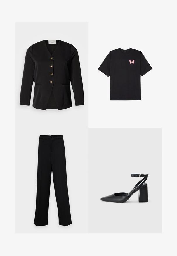 Fekete blézer V-nyakkivágással, egysoros gombolással, öt arany gombbal és oldalzsebekkel. Finom tapintású, enyhén texturált anyagból készült.; Fekete pamut póló rövid ujjakkal, bal mellkason egy kis rózsaszín pillangó grafikával. Kerek nyakú kialakítás, laza fazonnal.; Fekete, széles szárú nadrág sima anyagból, klasszikus derékrésszel, gombzárral és elülső redőkkel.; Fekete bőr, hegyes orrú magassarkú cipő boka pánttal és vastag sarokkal. Sima textúra, elegáns dizájn és minimális esztétika.
