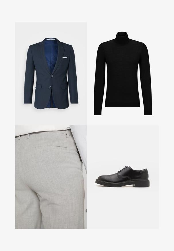 Jūros mėlynumo švarkas su tekstūriniu paviršiumi, dviem mygtukais, išpjautomis atlapais ir dviem priekinėmis kišenėmis; turi mėlyną vidinį pamušalą ir baltą nosinę kišenėje.; Juodas aukšto kaklo megztinis, pagamintas iš minkštos medžiagos, su ilgomis rankovėmis ir prigludusia forma. Su raukiniais apačioje ir rankogaliuose. Paprastas dizainas.; Šviesiai pilkos spalvos pritaikytos kelnės iš faktūrinės medžiagos, turinčios vieną užpakalinę kišenę ir tvarkingus siūlus.; Juodas odinis batų modelis su raišteliais, apvaliu nosiu, lygiu paviršiumi, minimaliai siuvinėjimu ir žemu guminėmis pakulne. Ant pakulnės šalia logo.