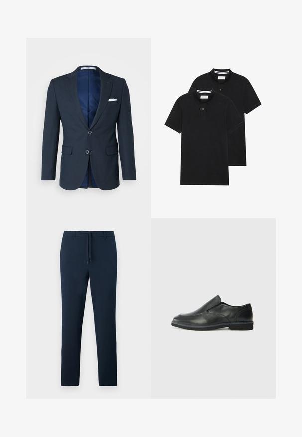 Mornarica sako z teksturirano površino, dva gumba, reže na ovratniku in dvema sprednjima žepoma; ima modro notranjo podlogo in belo robno rutico.; Dve črne polo majice, kratke rokave, iz bombažnega materiala, z klasik ovratnikom, dvobodno zaponko in belimi črtkami znotraj ovratnika.; Temno modri hlače iz teksturirane tkanine, z ravnim krojem nogavic, sprednjimi žepi in pasom z vrvico.; Črne usnjene natikače z gladkim zgornjim delom, prišitimi detajli, zaobljenim nosom in nizkim gumijastim petkom. Podplat ima minimalen profil.