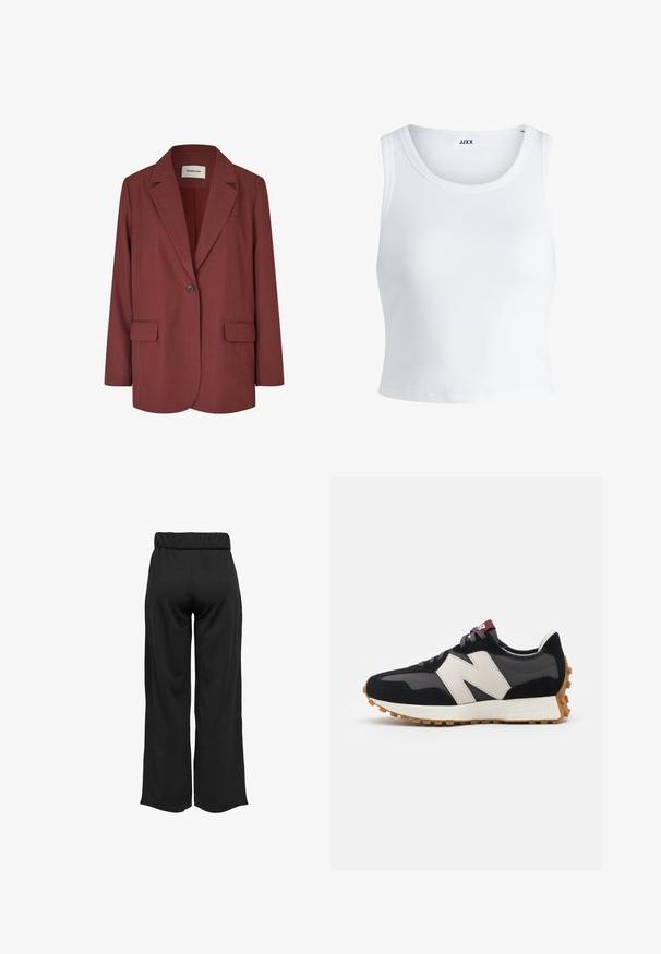 Blazer couleur rouille en tissu lisse, avec un col cranté, une fermeture à un bouton et deux poches avant.; Débardeur blanc côtelé avec un col rond, sans manches et d'une longueur cropped. L'étiquette indique "JJXX". Texture du tissu lisse.; Pantalons noirs à jambes larges avec une taille élastique, fabriqués à partir d'un tissu lisse. Présente un design épuré sans poches ni détails de couture visibles.; Baskets en suede noir et gris avec un grand logo "N" couleur crème, lacets violets et semelle extérieure en caoutchouc gomme texturé.