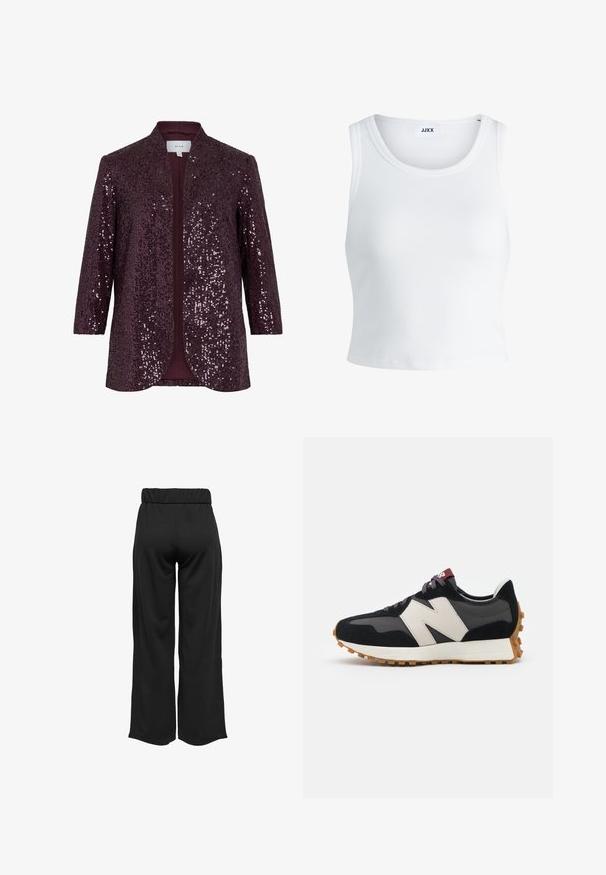 Burgundia sametist jakk klassikalise kaeluseta disainiga. Omab kolmeveerand varrukaid ja sujuvat sisemist voodrit.; Valge ribakujuline tank top, millel on ümmargune kaelus, varrukateta disain ja lühike pikkus. Silt ütleb "JJXX." Sile kangast tekstuur.; Mustad, laiad püksid elastse vöökohtaga, valmistatud siledast kangast. Omab lihtsat disaini, ilma taskute või nähtavate õmbluste detailideta.; Mustmust ja halli nubukist tennisajal on suur kreemjas "N" logo, lilla paelad ja tekstureeritud kummist välispohja.