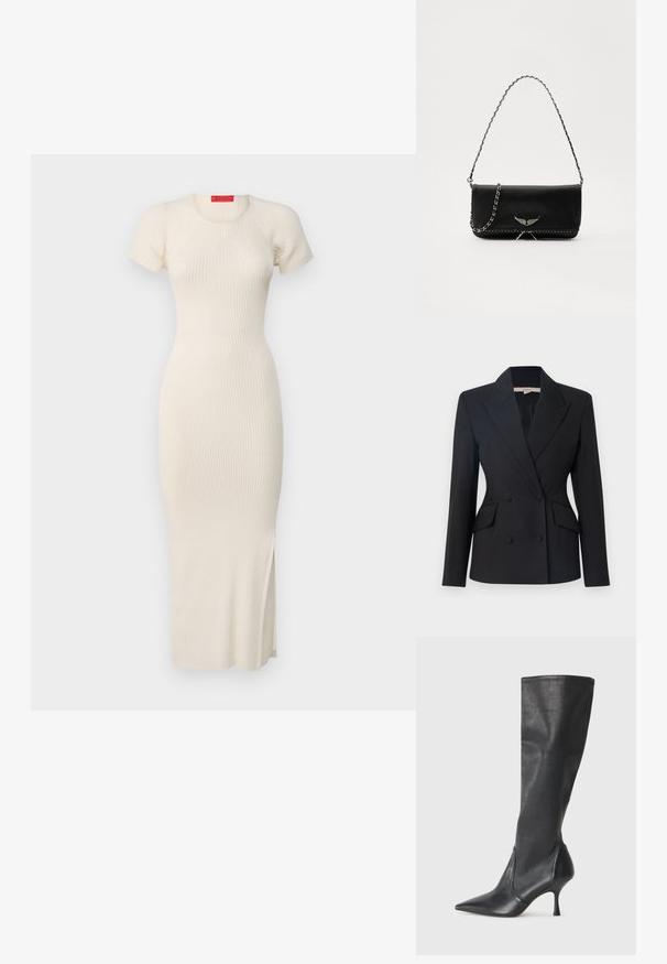 Juodas dublis su sagomis, su iškirptu apykaklės dizainu, dviem priekinėm kišenėm ir sagomis, pagamintas iš lygaus audinio.; Oficialia, jauki trumpos rankovės, apvaliu kaklu, išskirtiniu siluetu ir šonine plyšio detale. Lygus tekstūra.; Juodų odinių batų iki kelių su smailiu pirštu ir plonu stiletto kulnu. Lygus paviršius, pritaikytas dizainas ir siuvimas viršutiniame krašte.; Juodas odinis delninukas su sidabro spalvos grandinele, papuoštas dekoratyviniais sparnų akcentais ir balta siūle apačioje.