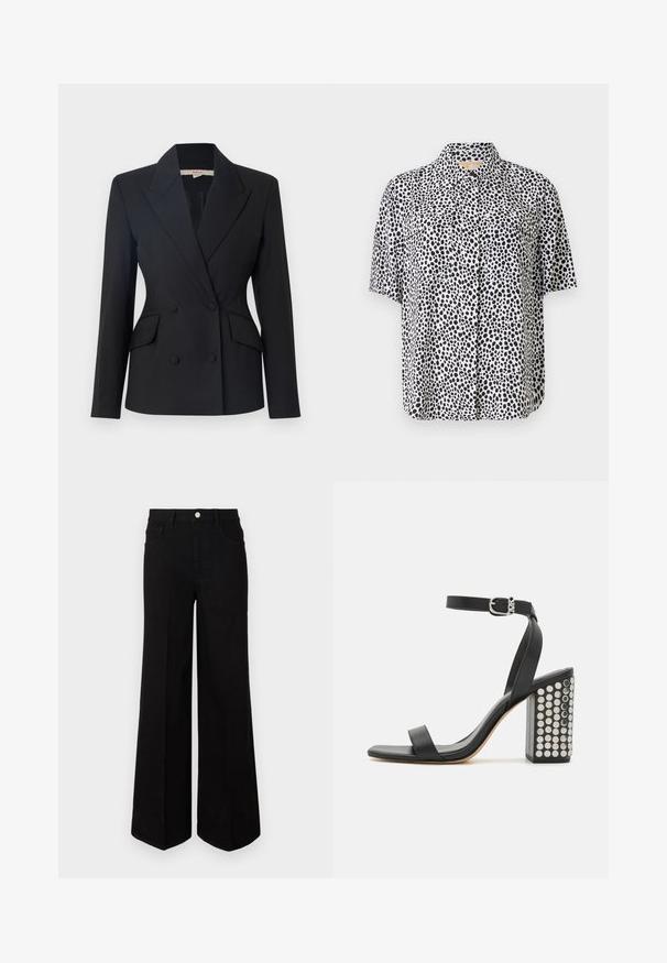 Black double-breasted blazer with a notched collar, two front pockets, and button closures, made from a smooth fabric.; Short-sleeve shirt in lightweight fabric, featuring a pattern of black dots on a white background, with two front pockets and a collared neckline.; Black wide-leg jeans made of sturdy fabric, featuring a high waist, front pockets, and a front button closure. Flat hem at the bottom.; Black leather heeled sandals with an ankle strap. Features a square toe, smooth texture, and square block heel adorned with silver studs.