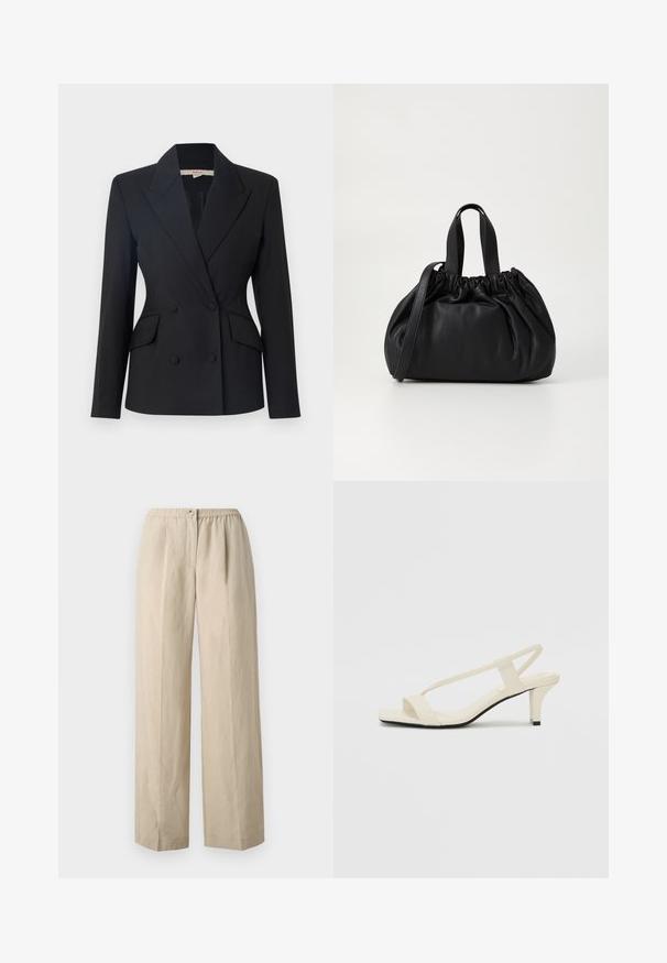 Juodas dublis su sagomis, su iškirptu apykaklės dizainu, dviem priekinėm kišenėm ir sagomis, pagamintas iš lygaus audinio.; Juodas trumpo rankovės viršus su drapiruotu kaklu, švelnios tekstūros, surinkto audinio detalė juosmens srityje ir laisvas siluetas.; Šviesiai rudos, plačių kojų kelnės, pagamintos iš minkštos medžiagos su surinktu elastingu juosmeniu ir priekiniais mygtukais. Lygi tekstūra su klostėmis.; Kreminės blokų kulno šlepetės su plonomis dirželiais ir kvadratiniu pirštu. Lygus medžiaga su minimaliais akcentais, sukurtos lengvam dėvėjimui.; Juoda odinė rankinė su susiraukšlėjusiu viršumi, su dviem trumpomis rankenėlėmis ir ilga reguliuojama juosta. Lygus paviršius, apvalios formos.
