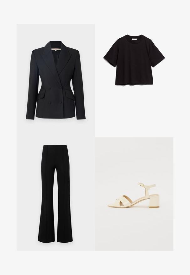 Juodas dublis su sagomis, su iškirptu apykaklės dizainu, dviem priekinėm kišenėm ir sagomis, pagamintas iš lygaus audinio.; Juodas medvilnės trumpomis rankovėmis marškinėliai su apvaliu kaklu. Turi atpalaiduotą siluetą ir paprastą, neišpuoštą dizainą.; Juodos plačios kelnės su aukštu liemeniu, pagamintos iš tamprios medžiagos. Priekinėje dalyje yra vertikalūs siūlų akcentai ir lygus paviršius.; Bežinės patentinės odos aukštakulnės šlepetės su kryžminiu dirželiu, atvira nosimi, reguliuojamu kulkšnies dirželiu ir blokuotu kulnu. Lygi tekstūra.