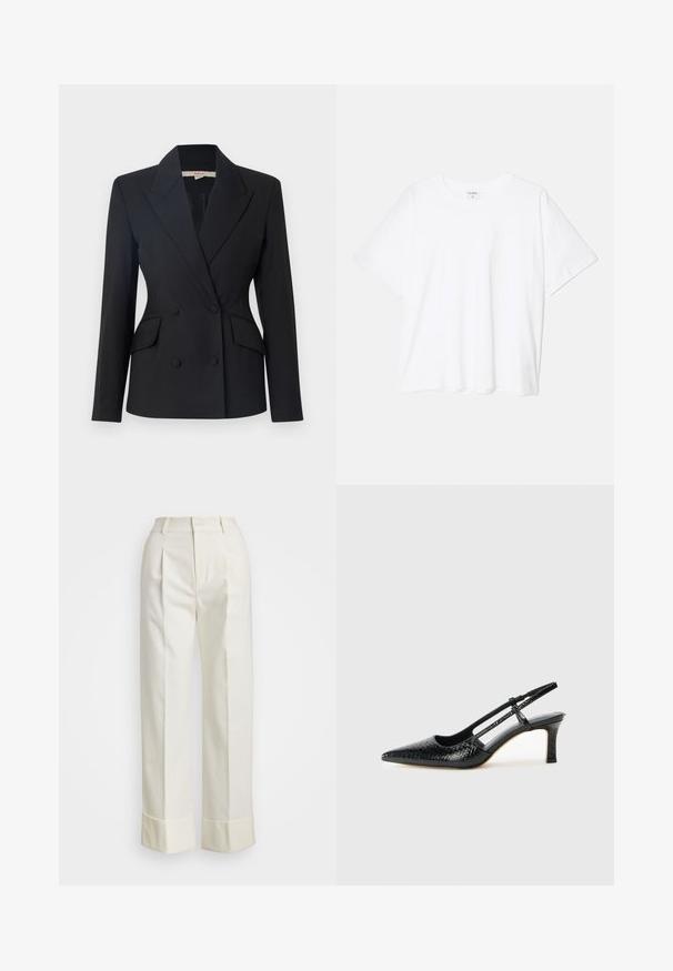 Black double-breasted blazer with a notched collar, two front pockets, and button closures, made from a smooth fabric.; White cotton t-shirt with short sleeves, round neckline, relaxed fit, and stitched hem. Label visible on the inside neck.; White tailored pants featuring a high waist, double front pleats, and wide legs with folded cuffs. Made from a smooth, textured fabric.; Black patent slingback heel with a pointed toe, featuring textured snake print, adjustable strap, and a short, textured block heel.