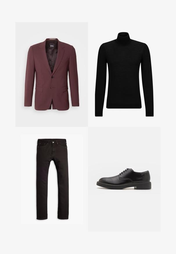 BOSS HOUSTON czerwony; Czarny sweter z golfem wykonany z miękkiego materiału, z długimi rękawami i dopasowanym krojem. Żebrowane wykończenie na dolnym brzegu i mankietach. Prosty design.; Czarne dżinsy slim fit z pięcioma kieszeniami i zapięciem na guzik, wyłożone płasko na białym tle.; Czarny skórzany but za kostkę z okrągłym noskiem, gładką fakturą, minimalnym przeszyciem i niskim gumowym obcasem. Logo na pięcie.