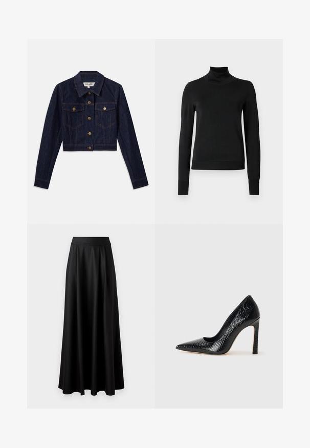 Dark denim cropped jacket with long sleeves, gold buttons, two chest pockets, and contrast stitching. Classic collar and structured design.; Black long-sleeve turtleneck sweater with ribbed cuffs and hem, displayed on a plain white background.; Black, floor-length skirt with a smooth texture, wide waistband, and pleated design, featuring no visible patterns or embellishments.; Black pointed-toe high heel shoe with a crocodile-skin texture, featuring a sleek design, high stiletto heel, and smooth black interior.