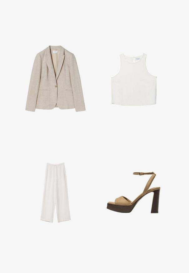 Béžový lněný blazer s jednořadým zapínáním, klopovými límci a dvěma předními kapsami. Hladká textura s přiléhavým střihem.; Bílý bezrukávový top s kulatým výstřihem, který má jemnou texturu, detaily v oblasti zad ve tvaru klíčové dírky a rovný lem.; Bílé široké kalhoty vyrobené z lehké tkaniny. Mají elastický pas se šňůrkou a boční kapsy. Hladká textura.; Bežové semišové sandály na vysokém podpatku s širokým předním páskem a páskem kolem kotníku, s masivním dřevěným blokovým podpatkem s texturovaným povrchem.