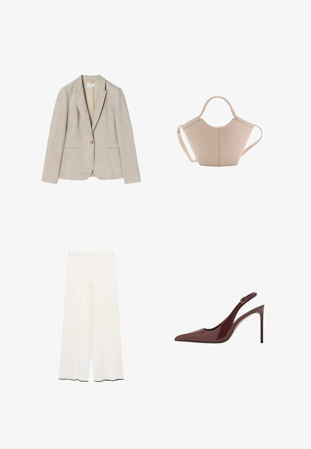 Béžový lněný blazer s jednořadým zapínáním, klopovými límci a dvěma předními kapsami. Hladká textura s přiléhavým střihem.; Bílý dlouhý rukáv tričko vyrobené z jemného žebrovaného materiálu, s kulatým výstřihem a rovně střiženým spodním lemem. Jednoduchý, jednobarevný design.; Kalhoty s širokými nohavicemi v krémové tkanině s hladkým povrchem. Mají čistý pas a černé lemování podél lemu pro kontrast.; Tmavě hnědá lakovaná kožená lodička na vysokém podpatku se špičatou špičkou, nastavitelným popruhem a štíhlým jehlovým podpatkem.; Beige kožená kabelka s jedinečným tvarem, vybavená dvěma krátkými uchy a dlouhým nastavitelným popruhem. Hladká textura s minimem kovových doplňků.