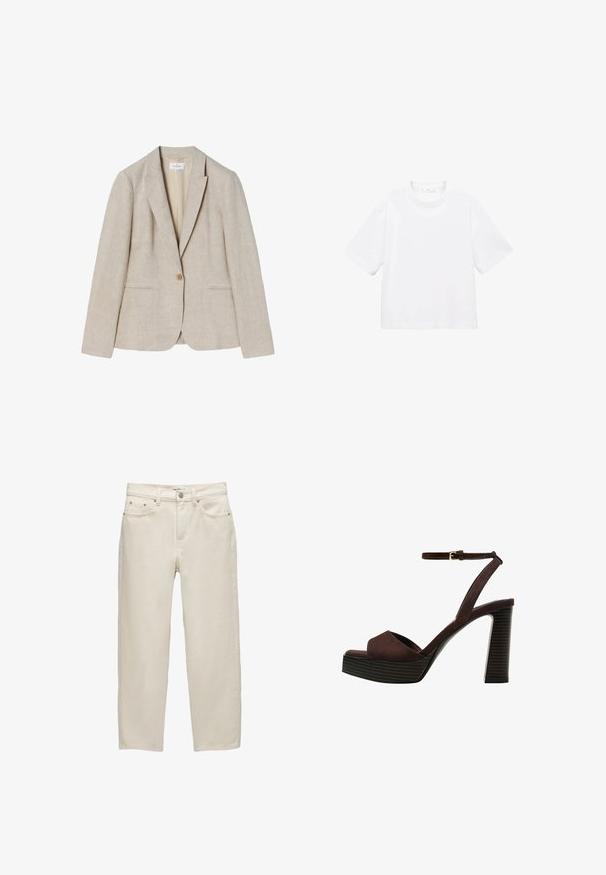 Beženi laneni blejzer z enojnim gumbom, z rezanimi reverji in dvema sprednjima žepoma. Gladka tekstura z prileganjem.; Bela bombažna majica s kratkimi rokavi in okroglo ovratnikom. Preprost dizajn, ohlapen kroj, gladka tekstura. Brez vzorcev ali vidnih poudarkov.; Beli traper hlače z sproščenim krojem, ravnimi nogami, petimi žepi in kovinskimi detajli z subtilno teksturo.; Rjave semiš sandale z visoko peto, odprto spredaj, z nastavljivim gležnjenjem in črtastim podplatom.