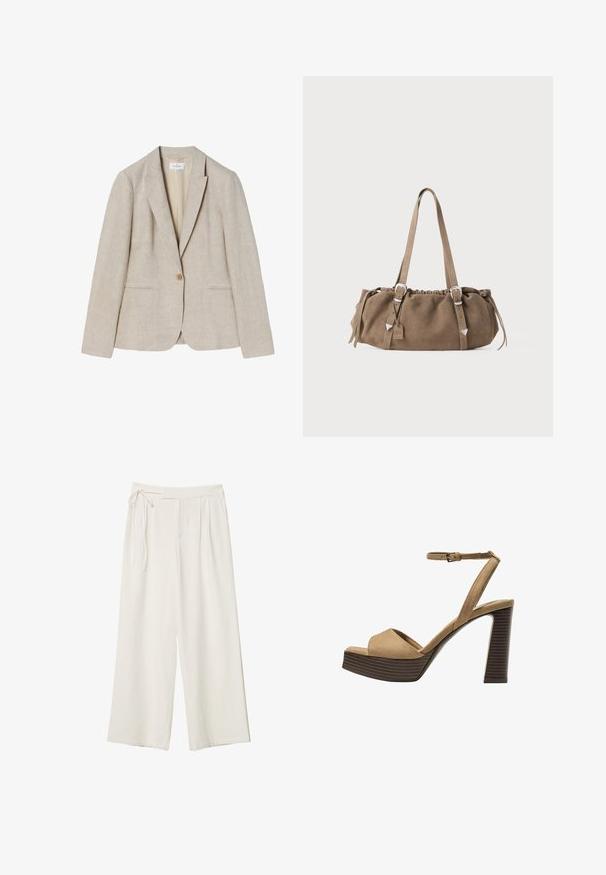 Béžový ľanový blejzer s jedným gombíkom, s výstrihom v tvare V a dvoma prednými vreckami. Hladká textúra s dobre sa hodí.; Hnedé tričko s krátkym rukávom vyrobené z jemného materiálu, s okrúhlym výstrihom a voľným strihom. Žiadne viditeľné vzory ani akcenty.; Dlhé nohavice v off-white materiáli s hladkou textúrou. Obsahujú viazaný pás a plisovaný predok, navrhnuté pre voľný strih.; Bežové semišové sandále na vysokom opätku s širokým predným pásom a pásikom okolo členka, ktoré majú masívny drevený blokový opätok s textúrovaným povrchom.; Hnedá semišová kabelka s riaseným vrchom, striebornými kovovými časticami a dvoma ramennými popruhmi. Má obdĺžnikový tvar a minimalistický dizajn.