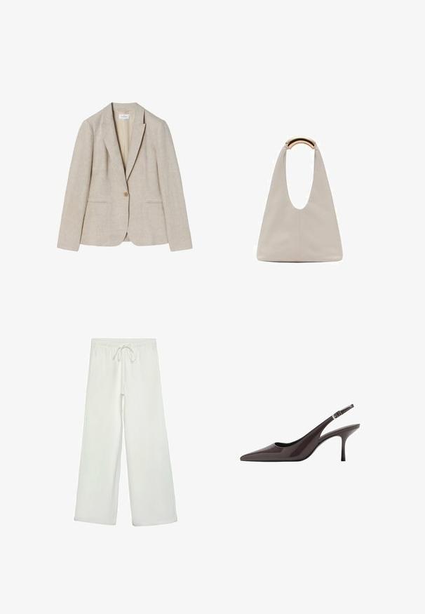 Blazer in lino beige con chiusura a un bottone, revers a punta e due tasche frontali. Tessuto liscio con vestibilità su misura.; Maglietta a maniche corte beige chiaro con scollatura rotonda, realizzata in un tessuto morbido e liscio. Presenta una vestibilità comoda e un orlo dritto.; Pantaloni bianchi a gamba larga realizzati in un tessuto morbido. Presentano un elastico in vita con cordino e una consistenza liscia. Senza motivi visibili o accessori.; Décolleté con cinturino in pelle brillante marrone scuro, caratterizzate da un tacco alto e sottile e una cinghia alla caviglia regolabile con fibbia.; Borsa in pelle grigio chiaro con design a forma di U e manico metallico curvo. Texture liscia con cuciture minime e senza motivi visibili.