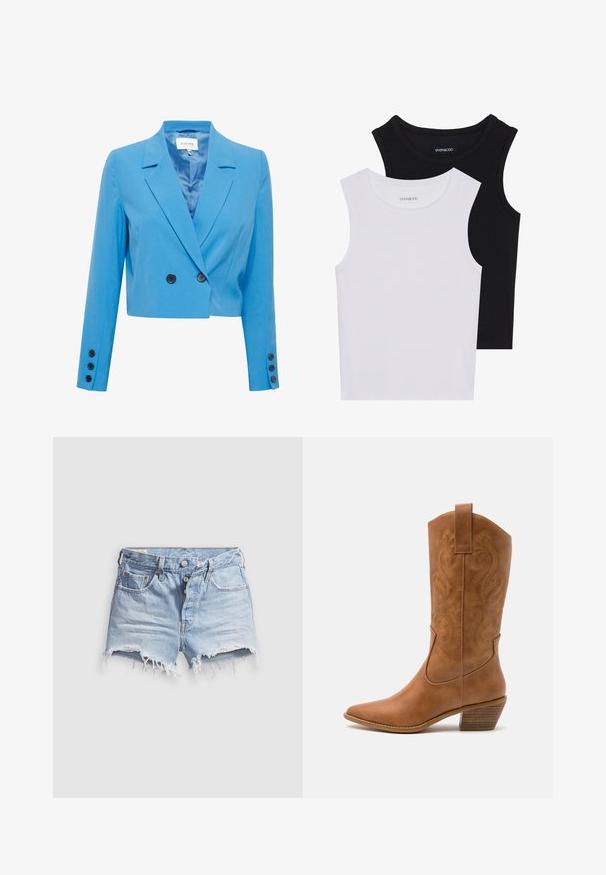 Trumpas mėlynas švarkas su lygiu paviršiumi, turintis išpjautą apykaklę, dvigubą mygtukų uždarymą ir juodus mygtukų akcentus.; Du kamščių be rankovių juodos ir baltos spalvų, pagaminti iš banguoto medvilnės, su apvaliais kaklo iškirpimais ir priglundančiu siluetu. Matomi etiketės abiejuose.; Šviesiai mėlyni džinso trumpi šortai su nutrintais kraštais, penkiomis kišenėmis ir mygtuko uždarymu priekyje. Audinys minkštas, šiek tiek dėvėtas.; Ruda odinė kantri batai su smailiu būtų pirštu, siuvinėtais spiralės raštais ant viršaus ir su kamščiu blokuotu kulnu. Yra tamprių užtraukių, kad būtų lengviau užsidėti.